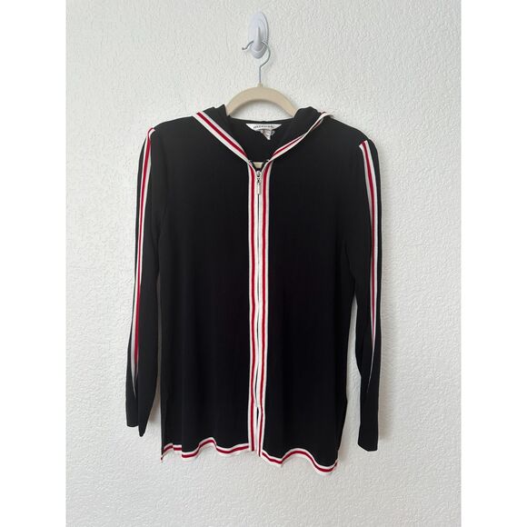 Exclusively Misook Black Hooded Zip Up Sweater Red White Trim Womens XS - Picture 1 of 7